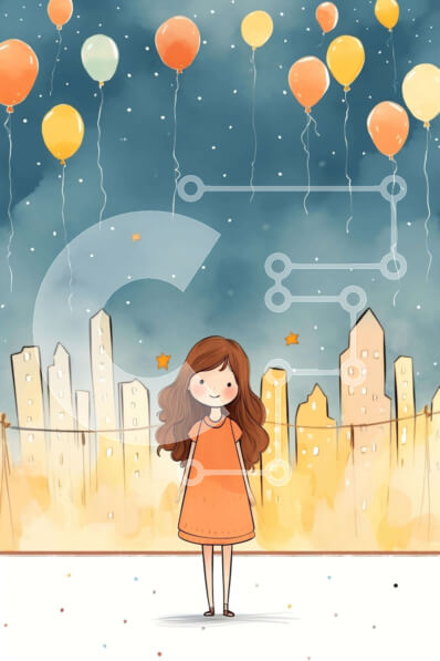 Intra Συλλεκτικό Ξύλινο Παζλ Plywood  4mm - Κορίτσι με πορτοκαλί φόρεμα με μπαλόνια και τον ορίζοντα της πόλης τη νύχτα Σε Ξύλινο Κουτί - Διαστάσεις Puzzle: 10x10 cm – 25 κομμάτια