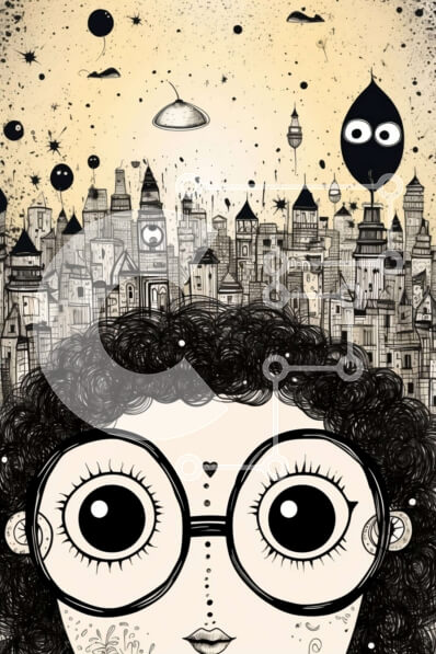 Intra Συλλεκτικό Ξύλινο Παζλ Plywood  4mm - Κορίτσι με γυαλιά και πολύχρωμα μπαλόνια στο αστικό τοπίο Σε Ξύλινο Κουτί - Διαστάσεις Puzzle: 10x10 cm – 25 κομμάτια