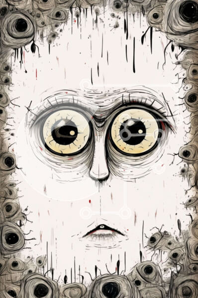 Intra Συλλεκτικό Ξύλινο Παζλ Plywood  4mm - Σχέδιο αγνώστων στοιχείων προσώπου με μεγάλα μάτια και γύρω τρύπες Σε Ξύλινο Κουτί - Διαστάσεις Puzzle: 10x10 cm – 25 κομμάτια