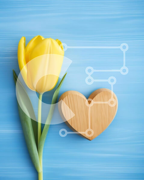 Intra Συλλεκτικό Ξύλινο Παζλ Plywood  4mm - Κίτρινη τουλίπα και αντικείμενο σε σχήμα καρδιάς σε μπλε φόντο Σε Ξύλινο Κουτί - Διαστάσεις: 10x10 cm – 25 κομμάτια
