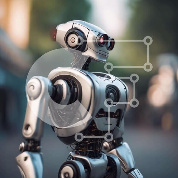 Intra Συλλεκτικό Ξύλινο Παζλ Plywood  4mm - Περίεργο ασημένιο ρομπότ στην πόλη Σε Ξύλινο Κουτί - Διαστάσεις Puzzle: 10x10 cm – 25 κομμάτια