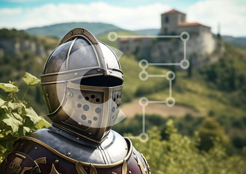 Intra Συλλεκτικό Ξύλινο Παζλ Plywood  4mm - Μεσαιωνικός ιππότης με πανοπλία που στέκεται στο πεδίο με τα βουνά Σε Ξύλινο Κουτί - Διαστάσεις Puzzle: 10x10 cm – 25 κομμάτια