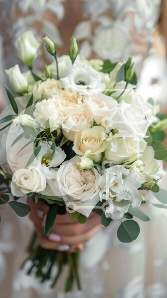 Intra Συλλεκτικό Ξύλινο Παζλ Plywood  4mm - Νύφη που κρατά ένα μπουκέτο από λευκά τριαντάφυλλα και πρασινάδα Σε Ξύλινο Κουτί - Διαστάσεις Puzzle: 10x10 cm – 25 κομμάτια