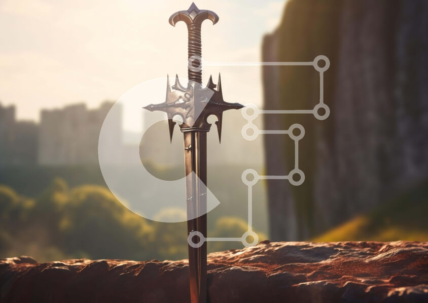 Intra Συλλεκτικό Ξύλινο Παζλ Plywood  4mm - Μεγάλο ξίφος που στηρίζεται σε βράχους Σε Ξύλινο Κουτί - Διαστάσεις: 10x10 cm – 25 κομμάτια