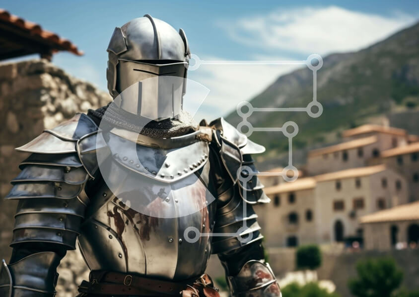 Intra Συλλεκτικό Ξύλινο Παζλ Plywood  4mm - Μεσαιωνικός ιππότης με πανοπλία που στέκεται μπροστά από ένα παλιό κτίριο Σε Ξύλινο Κουτί - Διαστάσεις Puzzle: 10x10 cm – 25 κομμάτια