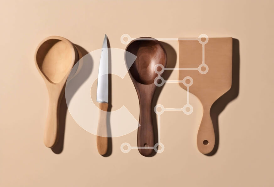 Σετ των 2 Intra Συλλεκτικό Ξύλινο Παζλ Plywood  4mm - Ξύλινα σκεύη κουζίνας σε υπόλευκο φόντο Σε Ξύλινο Κουτί - Διαστάσεις: 10x10 cm – 25 κομμάτια