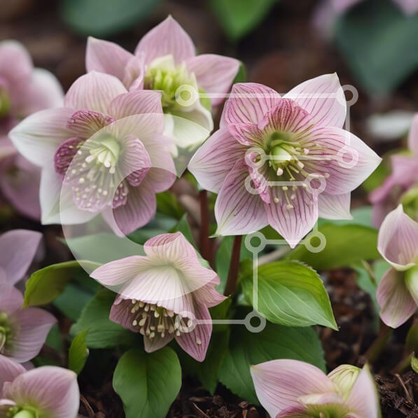 Intra Συλλεκτικό Ξύλινο Παζλ Plywood  4mm - Ομάδα από ροζ και πράσινα λουλούδια Hellebore σε έναν κήπο Σε Ξύλινο Κουτί - Διαστάσεις: 10x10 cm – 25 κομμάτια