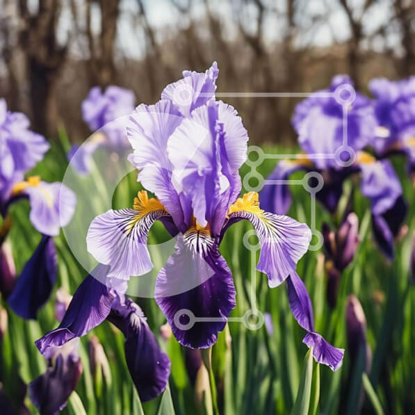 Intra Συλλεκτικό Ξύλινο Παζλ Plywood  4mm - Ομάδα ανθισμένων μωβ ίριδες σε ένα χορταριασμένο χωράφι Σε Ξύλινο Κουτί - Διαστάσεις: 10x10 cm – 25 κομμάτια