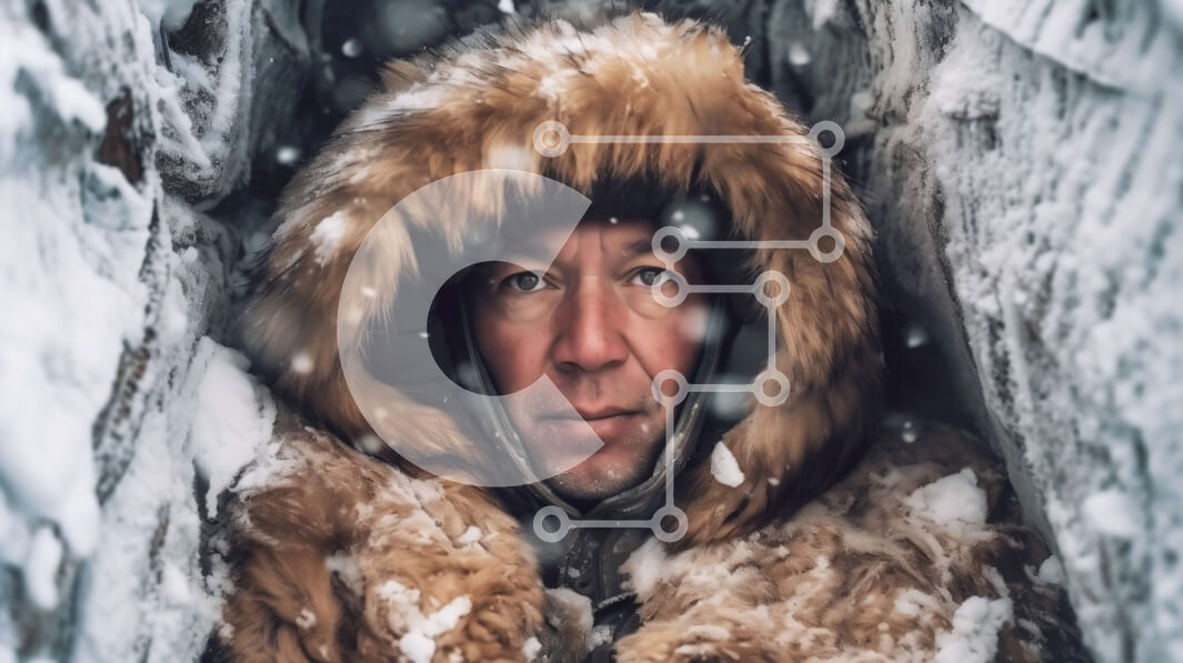 Intra Συλλεκτικό Ξύλινο Παζλ Plywood  4mm - Σοβαρός άνδρας με γούνινο παλτό και καπέλο που στέκεται στο χιονισμένο τοπίο Σε Ξύλινο Κουτί - Διαστάσεις Puzzle: 10x10 cm – 25 κομμάτια