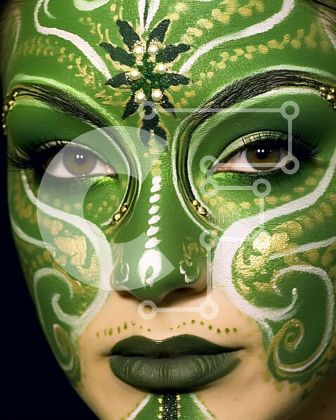 Intra Συλλεκτικό Ξύλινο Παζλ Plywood  4mm - Εκπληκτική γυναίκα με περίπλοκα χρυσά σχέδια σε πράσινο πρόσωπο Σε Ξύλινο Κουτί - Διαστάσεις Puzzle: 10x10 cm – 25 κομμάτια