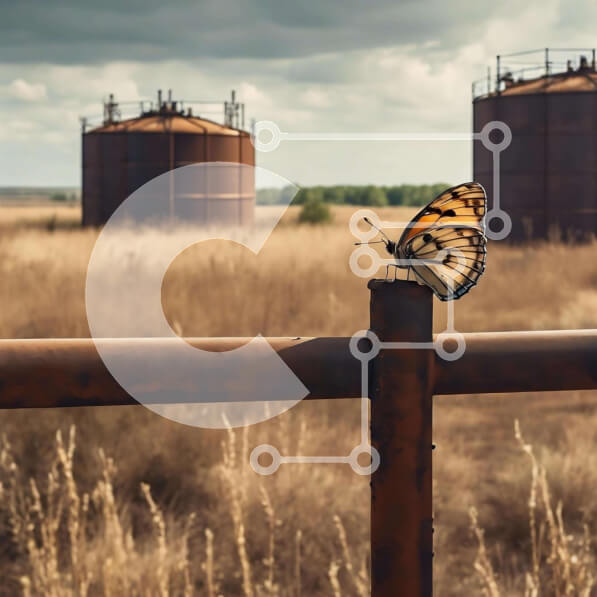 Intra Συλλεκτικό Ξύλινο Παζλ Plywood  4mm - Πεταλούδα που στηρίζεται σε σκουριασμένο φράχτη δεξαμενής πετρελαίου Σε Ξύλινο Κουτί - Διαστάσεις: 10x10 cm – 25 κομμάτια