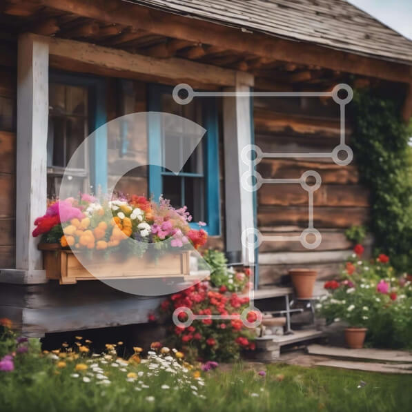 Intra Συλλεκτικό Ξύλινο Παζλ Plywood  4mm - Ξύλινη καμπίνα με πολύχρωμα λουλούδια στην μπροστινή αυλή Σε Ξύλινο Κουτί - Διαστάσεις: 10x10 cm – 25 κομμάτια