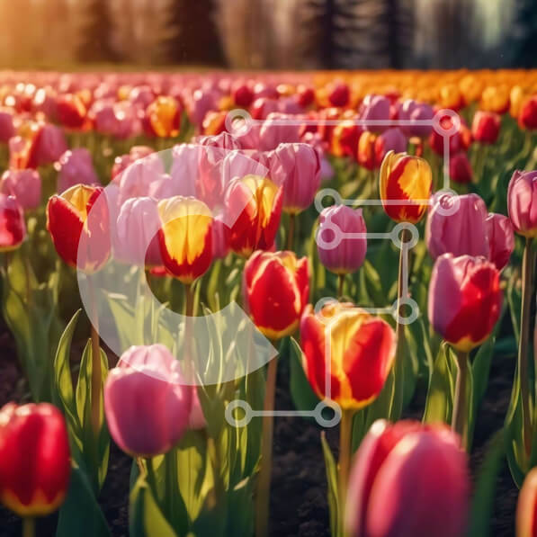 Intra Συλλεκτικό Ξύλινο Παζλ Plywood  4mm - Πεδίο με ροζ και κίτρινες τουλίπες τον πρωινό ήλιο Σε Ξύλινο Κουτί - Διαστάσεις: 10x10 cm – 25 κομμάτια