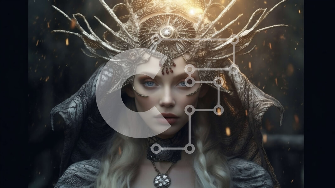 Intra Συλλεκτικό Ξύλινο Παζλ Plywood  4mm - Μαγευτική εικόνα μιας γυναίκας με ένα ρέον φόρεμα και στέμμα από κέρατο σε ένα μαγικό δάσος Σε Ξύλινο Κουτί - Διαστάσεις Puzzle: 10x10 cm – 25 κομμάτια