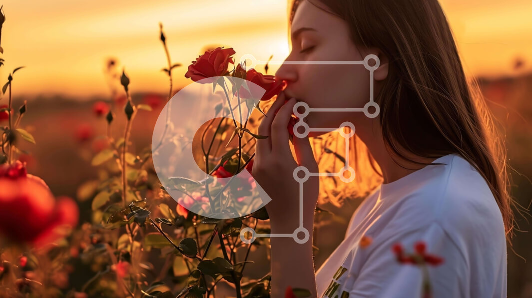 Intra Συλλεκτικό Ξύλινο Παζλ Plywood  4mm - Γυναίκα που μυρίζει κόκκινα τριαντάφυλλα στο χωράφι στο ηλιοβασίλεμα Σε Ξύλινο Κουτί - Διαστάσεις: 10x10 cm – 25 κομμάτια