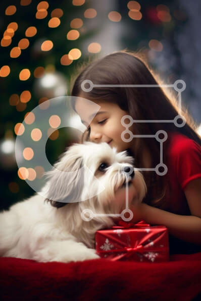 Intra Συλλεκτικό Ξύλινο Παζλ Plywood  4mm - Νεαρό κορίτσι που φιλά τον σκύλο της μπροστά από ένα χριστουγεννιάτικο δέντρο Σε Ξύλινο Κουτί - Διαστάσεις: 10x10 cm – 25 κομμάτια