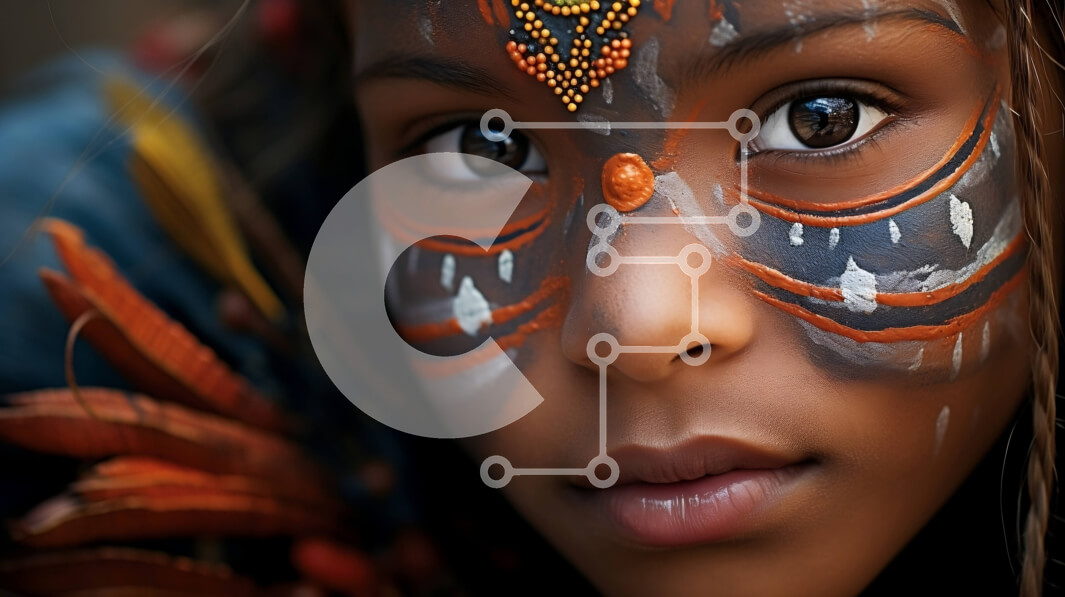 Intra Συλλεκτικό Ξύλινο Παζλ Plywood  4mm - Όμορφο πορτρέτο ενός νεαρού κοριτσιού με περίπλοκη μπογιά προσώπου και πολύχρωμο φτερωτό κάλυμμα κεφαλής Σε Ξύλινο Κουτί - Διαστάσεις Puzzle: 10x10 cm – 25 κομμάτια