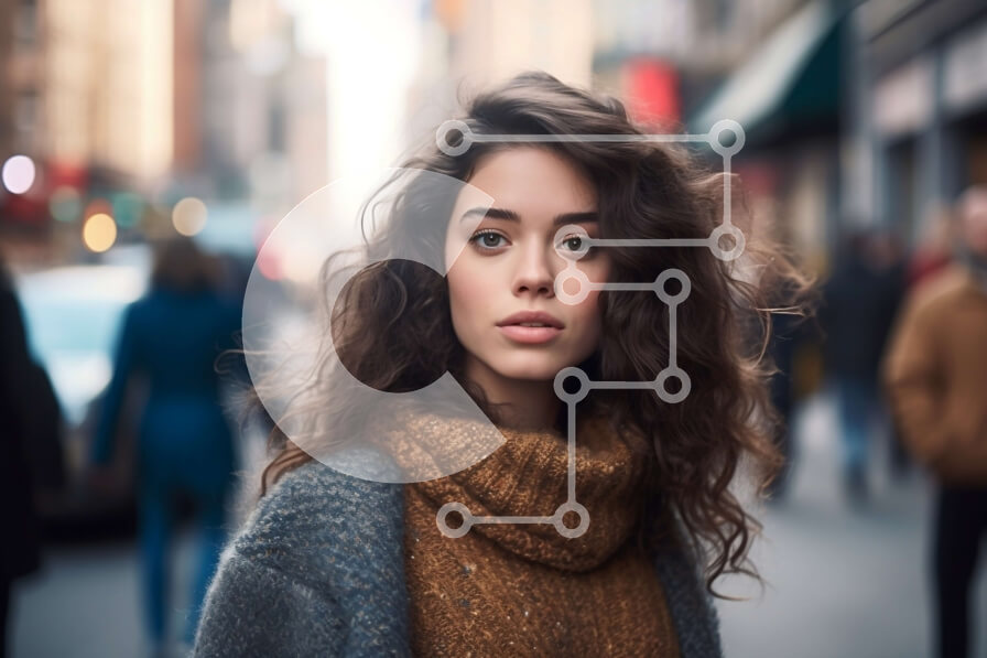 Intra Συλλεκτικό Ξύλινο Παζλ Plywood  4mm - Κομψή νεαρή γυναίκα που στέκεται σε έναν πολυσύχναστο δρόμο της πόλης Σε Ξύλινο Κουτί - Διαστάσεις Puzzle: 10x10 cm – 25 κομμάτια