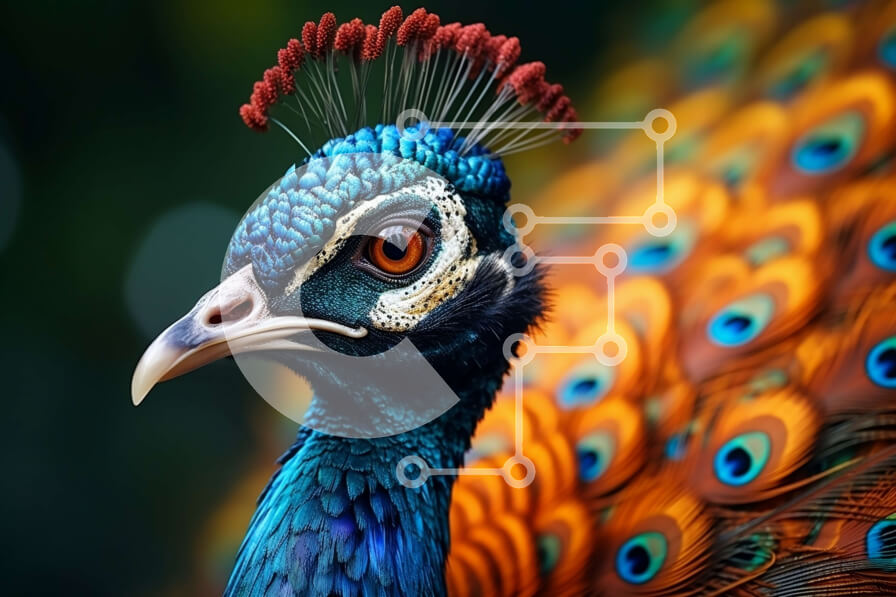 Σετ των 2 Intra Συλλεκτικό Ξύλινο Παζλ Plywood  4mm - Κοντινό πλάνο του κεφαλιού ενός παγωνιού με τα ζωντανά φτερά Σε Ξύλινο Κουτί - Διαστάσεις: 10x10 cm – 25 κομμάτια