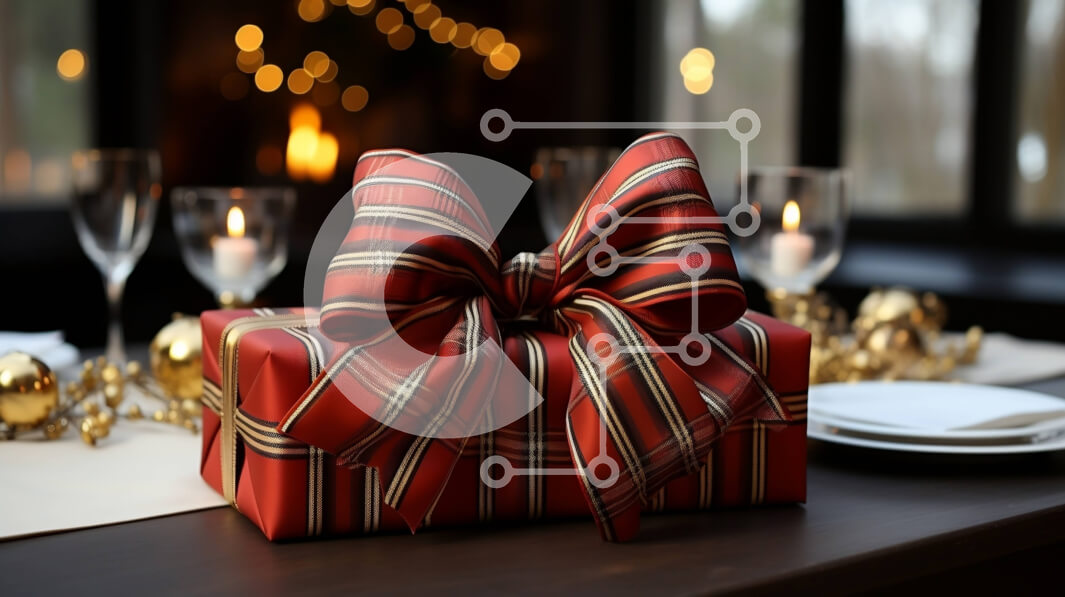 Intra Συλλεκτικό Ξύλινο Παζλ Plywood  4mm - Εορταστική εικόνα ενός κόκκινου και χρυσού δώρου με φιόγκο σε ένα τραπέζι Σε Ξύλινο Κουτί - Διαστάσεις: 10x10 cm – 25 κομμάτια