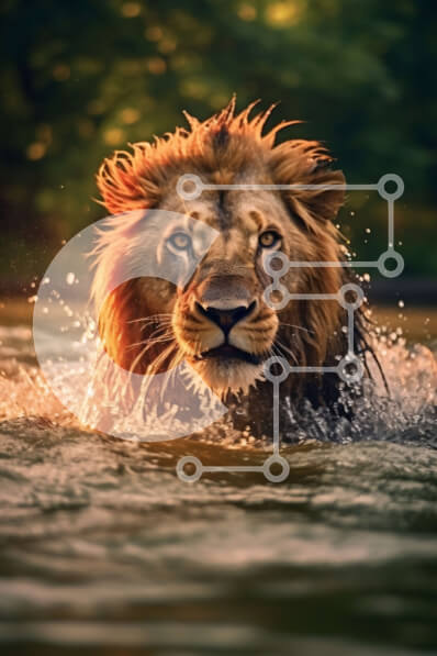 Σετ των 2 Intra Συλλεκτικό Ξύλινο Παζλ Plywood  4mm - Καταπληκτική φωτογραφία ενός λιονταριού που κολυμπά στο νερό Σε Ξύλινο Κουτί - Διαστάσεις: 10x10 cm – 25 κομμάτια