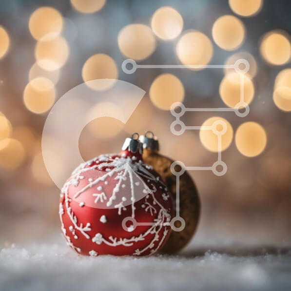 Intra Συλλεκτικό Ξύλινο Παζλ Plywood  4mm - Κόκκινα και λευκά χριστουγεννιάτικα στολίδια σε χιονισμένο φόντο με φώτα Bokeh Σε Ξύλινο Κουτί - Διαστάσεις: 10x10 cm – 25 κομμάτια