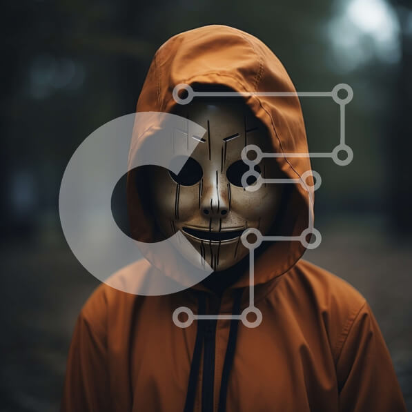 Intra Συλλεκτικό Ξύλινο Παζλ Plywood  4mm - Πρόσωπο με πορτοκαλί κουκούλα και μάσκα σε δασώδη περιοχή Σε Ξύλινο Κουτί - Διαστάσεις Puzzle: 10x10 cm – 25 κομμάτια