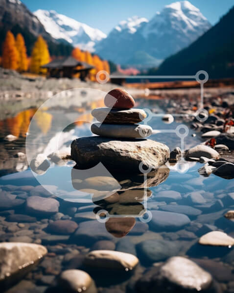 Intra Συλλεκτικό Ξύλινο Παζλ Plywood  4mm - Όμορφο τοπίο με μια στοίβα βράχων σε ένα ποτάμι Σε Ξύλινο Κουτί - Διαστάσεις: 10x10 cm – 25 κομμάτια