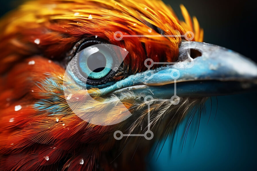 Σετ των 2 Intra Συλλεκτικό Ξύλινο Παζλ Plywood  4mm - Κοντινό πλάνο του κεφαλιού ενός πολύχρωμου πουλιού με μπλε μάτια Σε Ξύλινο Κουτί - Διαστάσεις: 10x10 cm – 25 κομμάτια