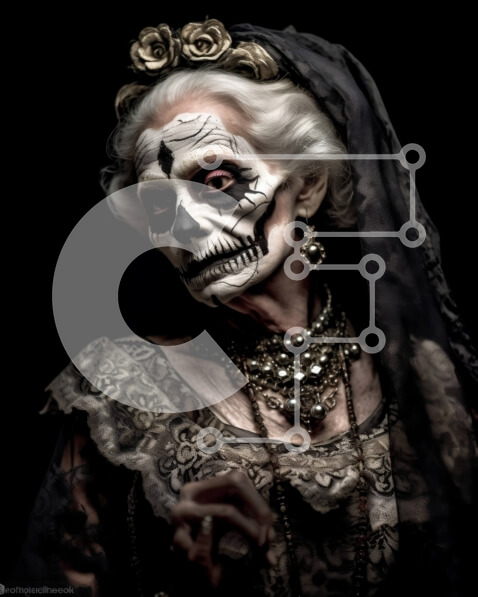 Intra Συλλεκτικό Ξύλινο Παζλ Plywood  4mm - Ηλικιωμένη γυναίκα με γοτθικό φόρεμα και κόμμωση με θέμα το κρανίο Σε Ξύλινο Κουτί - Διαστάσεις Puzzle: 10x10 cm – 25 κομμάτια