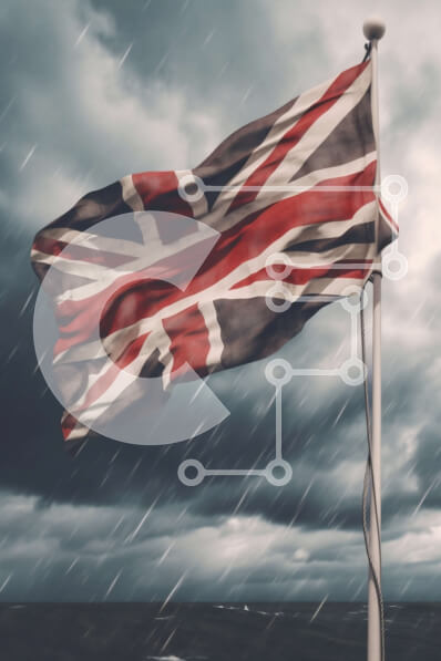 Intra Συλλεκτικό Ξύλινο Παζλ Plywood  4mm - Βρετανική σημαία που πνέει στον άνεμο μια θυελλώδη ημέρα Σε Ξύλινο Κουτί - Διαστάσεις Puzzle: 10x10 cm – 25 κομμάτια