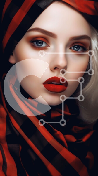 Intra Συλλεκτικό Ξύλινο Παζλ Plywood  4mm - Κομψή γυναίκα με κόκκινο και μαύρο ριγέ κασκόλ και κόκκινα χείλη Σε Ξύλινο Κουτί - Διαστάσεις Puzzle: 10x10 cm – 25 κομμάτια