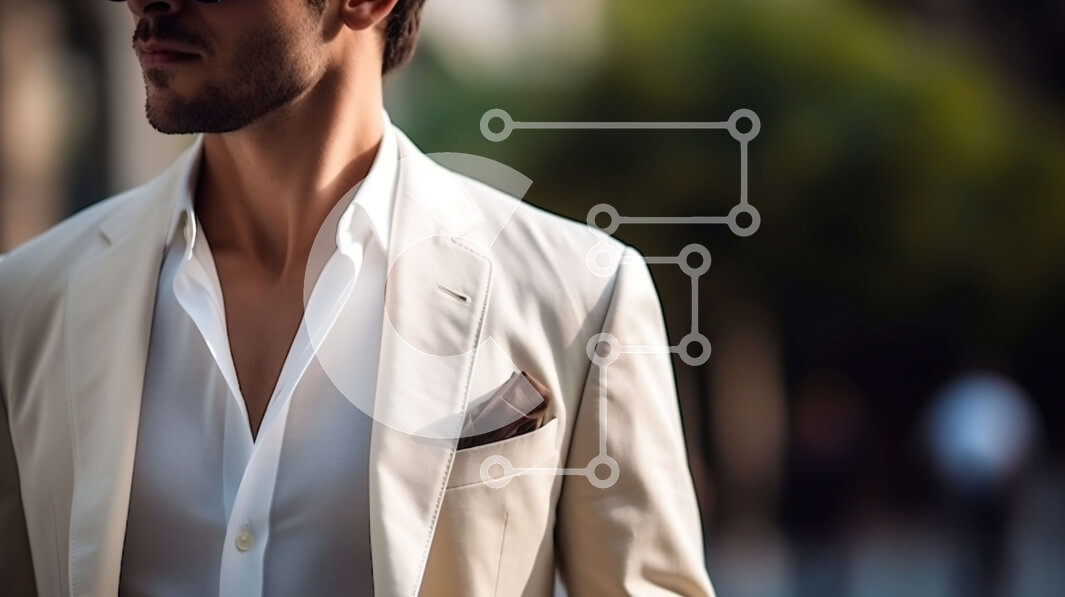 Intra Συλλεκτικό Ξύλινο Παζλ Plywood  4mm - Άνδρας με λευκό κοστούμι και γυαλιά ηλίου σε ένα πεζοδρόμιο της πόλης Σε Ξύλινο Κουτί - Διαστάσεις Puzzle: 10x10 cm – 25 κομμάτια