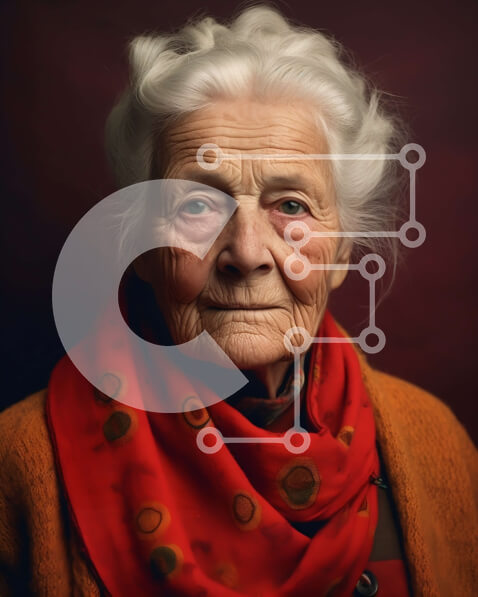 Intra Συλλεκτικό Ξύλινο Παζλ Plywood  4mm - Πορτρέτο μιας ηλικιωμένης γυναίκας που φορά ένα κόκκινο κασκόλ και πορτοκαλί σακάκι Σε Ξύλινο Κουτί - Διαστάσεις Puzzle: 10x10 cm – 25 κομμάτια