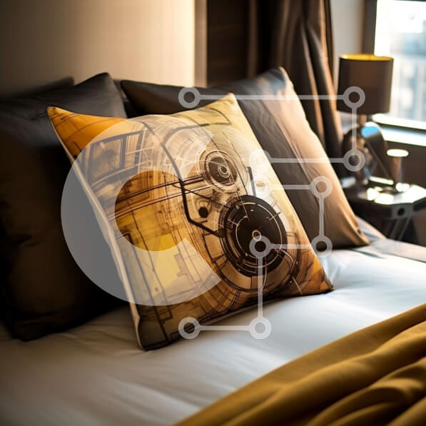 Intra Συλλεκτικό Ξύλινο Παζλ Plywood  4mm - Κίτρινο μαξιλάρι κάμερας σε ένα ασπρόμαυρο ριγέ κρεβάτι Comforter Σε Ξύλινο Κουτί - Διαστάσεις Puzzle: 10x10 cm – 25 κομμάτια