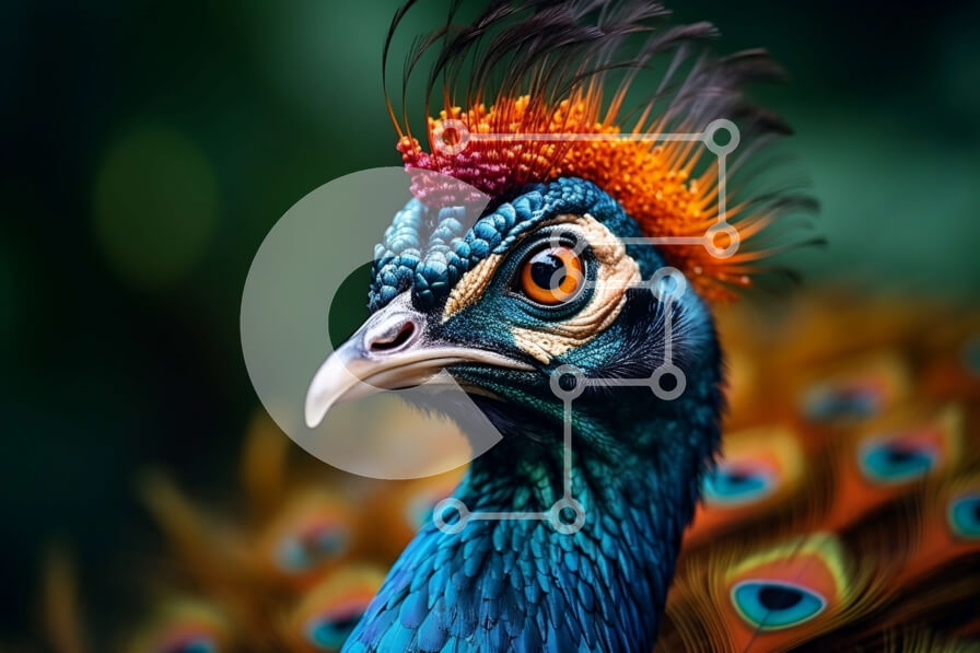 Σετ των 2 Intra Συλλεκτικό Ξύλινο Παζλ Plywood  4mm - Κοντινό πλάνο του κεφαλιού ενός παγωνιού με φτερά με έντονα χρώματα Σε Ξύλινο Κουτί - Διαστάσεις: 10x10 cm – 25 κομμάτια