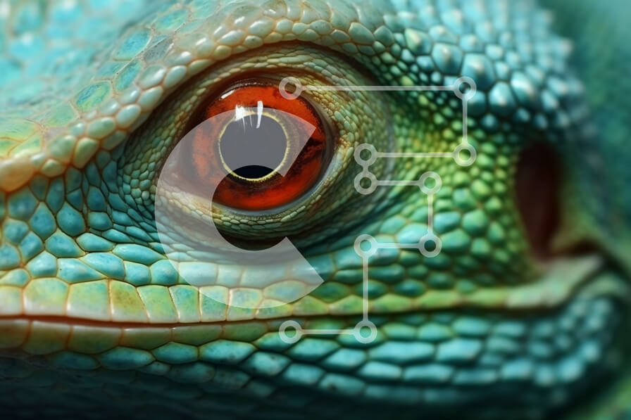 Σετ των 2 Intra Συλλεκτικό Ξύλινο Παζλ Plywood  4mm - Κοντινή όψη του προσώπου της σαύρας με φωτεινά πράσινα λέπια και κόκκινα μάτια Σε Ξύλινο Κουτί - Διαστάσεις: 10x10 cm – 25 κομμάτια