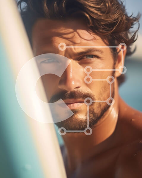 Intra Συλλεκτικό Ξύλινο Παζλ Plywood  4mm - Έντονο πορτρέτο σέρφερ σε μια παραλία με καταγάλανα νερά Σε Ξύλινο Κουτί - Διαστάσεις Puzzle: 10x10 cm – 25 κομμάτια