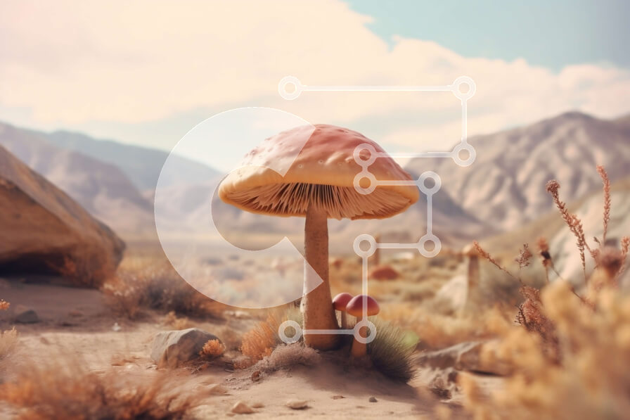 Intra Συλλεκτικό Ξύλινο Παζλ Plywood  4mm - Γραφική εικόνα ενός μανιταριού που μεγαλώνει σε μια έρημο με βουνά στο φόντο Σε Ξύλινο Κουτί - Διαστάσεις: 10x10 cm – 25 κομμάτια