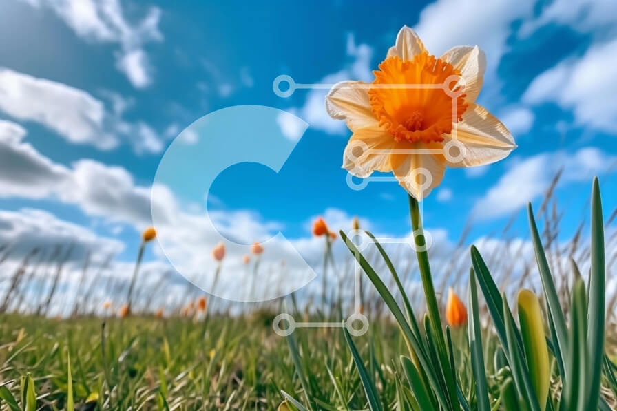 Intra Συλλεκτικό Ξύλινο Παζλ Plywood  4mm - Όμορφη εικόνα των Νάρκισσων σε πλήρη άνθιση κάτω από τον καθαρό μπλε ουρανό Σε Ξύλινο Κουτί - Διαστάσεις: 10x10 cm – 25 κομμάτια