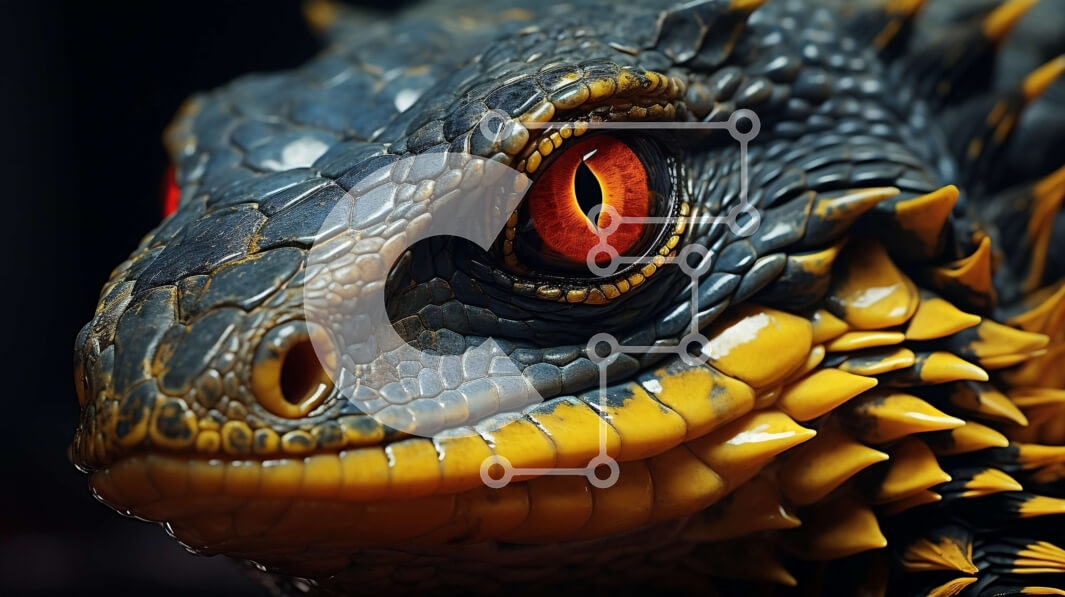 Intra Συλλεκτικό Ξύλινο Παζλ Plywood  4mm - Εκπληκτική κοντινή εικόνα του κεφαλιού μιας σαύρας με γυαλιστερές μεταλλικές κλίμακες Σε Ξύλινο Κουτί - Διαστάσεις: 10x10 cm – 25 κομμάτια