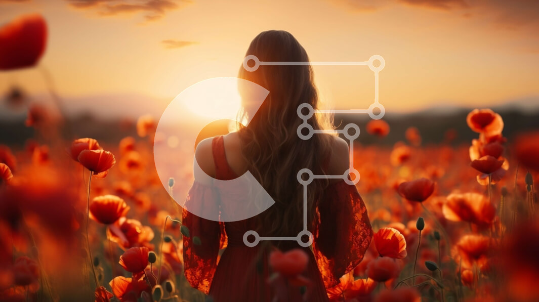 Intra Συλλεκτικό Ξύλινο Παζλ Plywood  4mm - Γυναίκα με κόκκινο φόρεμα που στέκεται στο χωράφι με τις παπαρούνες στο ηλιοβασίλεμα Σε Ξύλινο Κουτί - Διαστάσεις: 10x10 cm – 25 κομμάτια