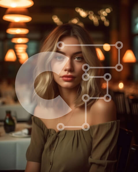 Intra Συλλεκτικό Ξύλινο Παζλ Plywood  4mm - Ουδέτερη έκφραση νεαρής γυναίκας με καφέ μπλουζάκι ανοιχτό στους ώμους σε εστιατόριο με χαμηλό φωτισμό Σε Ξύλινο Κουτί - Διαστάσεις Puzzle: 10x10 cm – 25 κομμάτια