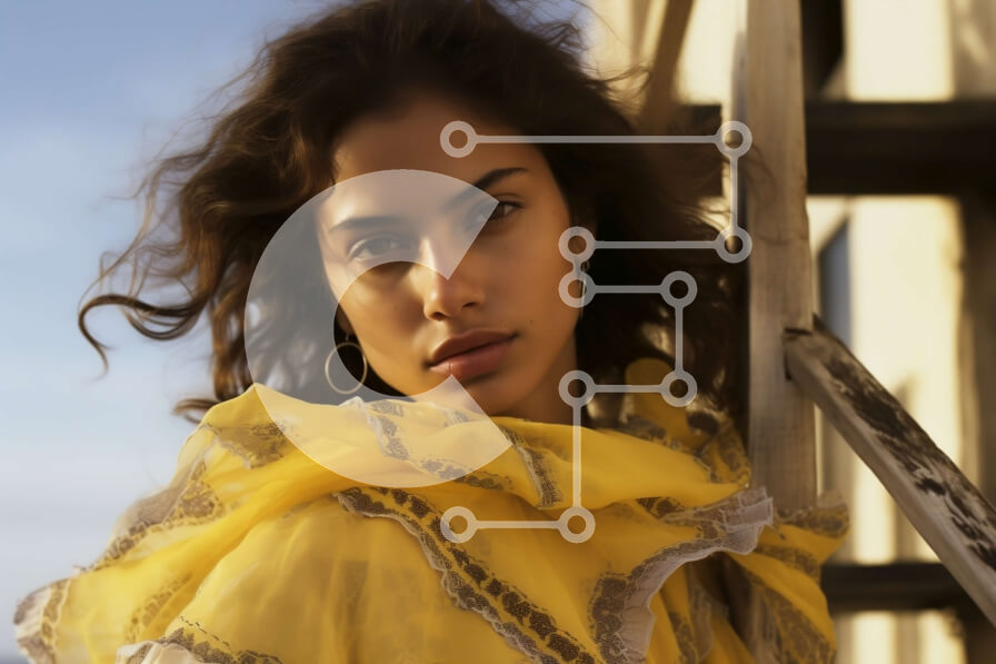 Intra Συλλεκτικό Ξύλινο Παζλ Plywood  4mm - Εκπληκτική εικόνα μιας γυναίκας με ένα κίτρινο σάλι σε μια παράκτια σκάλα Σε Ξύλινο Κουτί - Διαστάσεις Puzzle: 10x10 cm – 25 κομμάτια