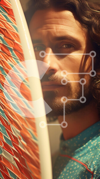 Intra Συλλεκτικό Ξύλινο Παζλ Plywood  4mm - Κομψός άνδρας με μακριά μαλλιά που κρατά μια πολύχρωμη σανίδα του σερφ Σε Ξύλινο Κουτί - Διαστάσεις Puzzle: 10x10 cm – 25 κομμάτια