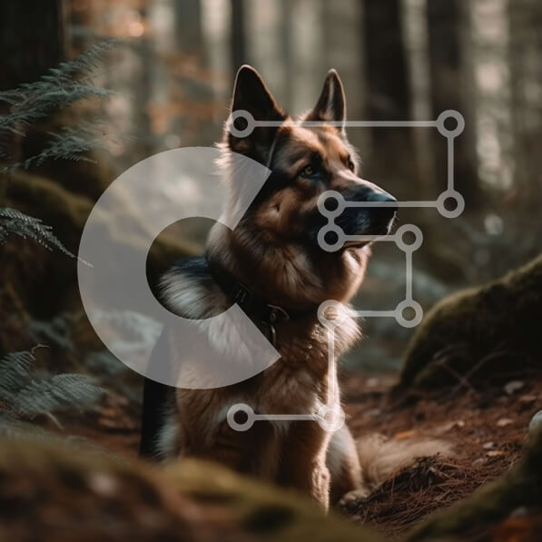 Intra Συλλεκτικό Ξύλινο Παζλ Plywood  4mm - Σοβαρός γερμανικός ποιμενικός σκύλος που κάθεται στο δάσος Σε Ξύλινο Κουτί - Διαστάσεις: 10x10 cm – 25 κομμάτια