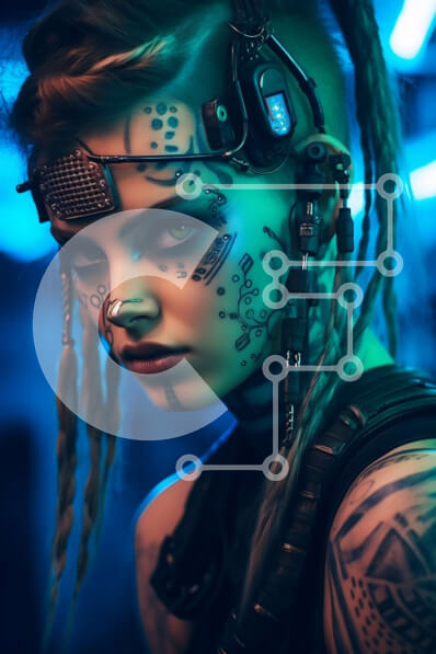 Intra Συλλεκτικό Ξύλινο Παζλ Plywood  4mm - Κομψή γυναίκα Cyberpunk με τρυπήματα και φώτα νέον Σε Ξύλινο Κουτί - Διαστάσεις Puzzle: 10x10 cm – 25 κομμάτια