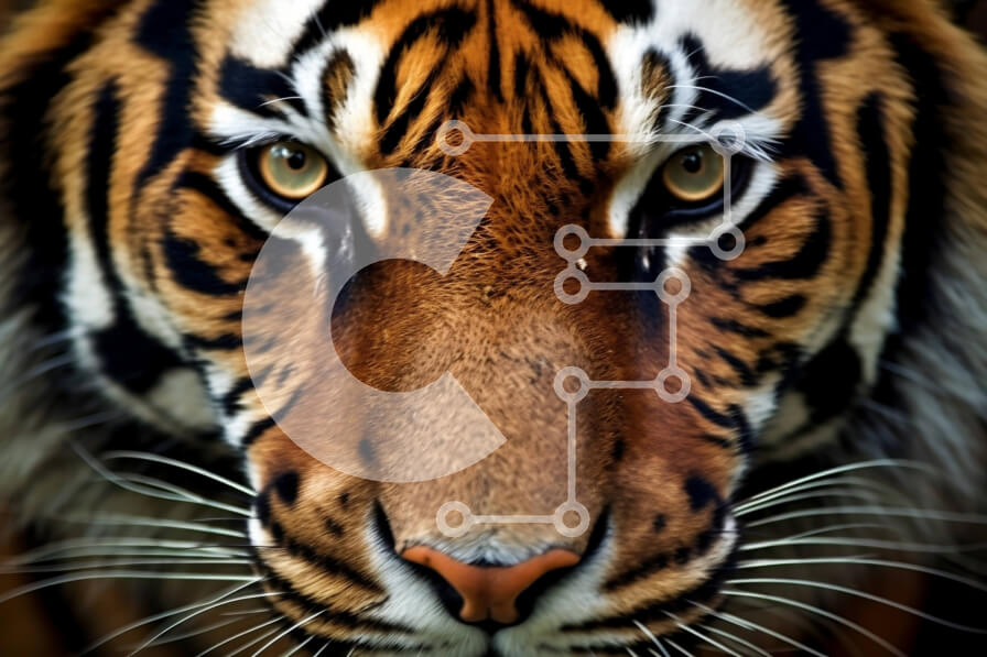 Σετ των 2 Intra Συλλεκτικό Ξύλινο Παζλ Plywood  4mm - Έντονη κοντινή λήψη του προσώπου μιας τίγρης με διαπεραστικά κίτρινα μάτια και αιχμηρά δόντια Σε Ξύλινο Κουτί - Διαστάσεις: 10x10 cm – 25 κομμάτια