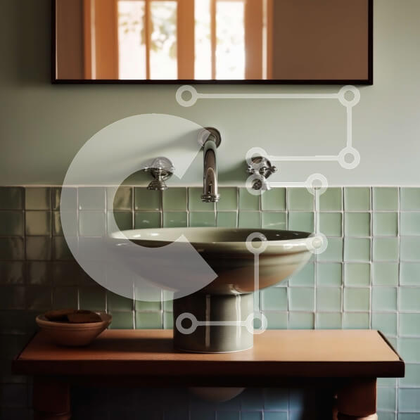 Intra Συλλεκτικό Ξύλινο Παζλ Plywood  4mm - Κομψός νιπτήρας μπάνιου με πράσινο πλακάκι τοίχο και καθρέφτη Σε Ξύλινο Κουτί - Διαστάσεις Puzzle: 10x10 cm – 25 κομμάτια