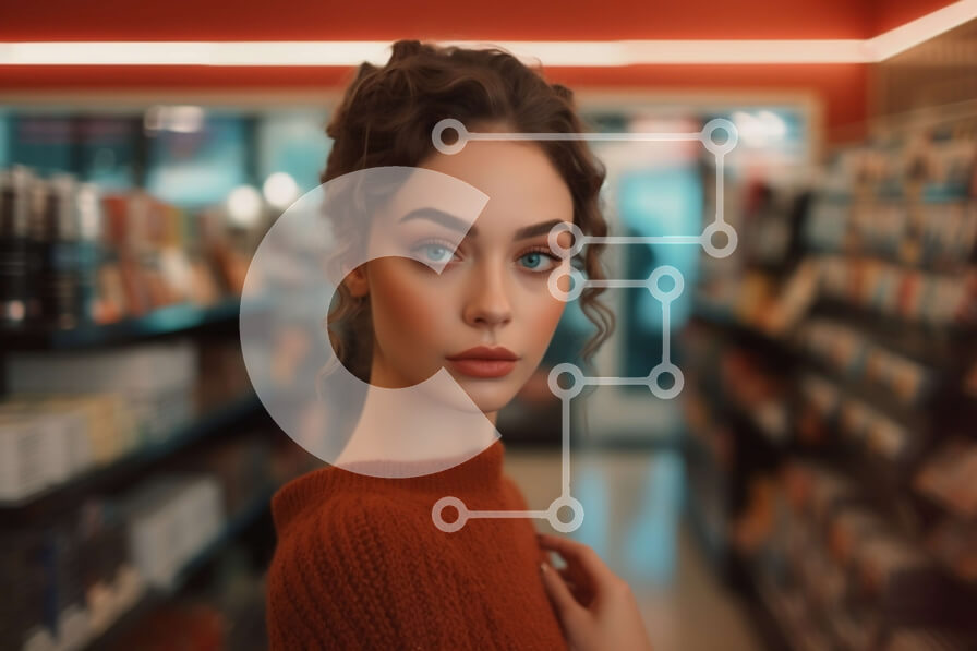 Intra Συλλεκτικό Ξύλινο Παζλ Plywood  4mm - Γυναίκα με κόκκινο πουλόβερ που κοιτάζει βιβλία στο διάδρομο του βιβλιοπωλείου Σε Ξύλινο Κουτί - Διαστάσεις Puzzle: 10x10 cm – 25 κομμάτια